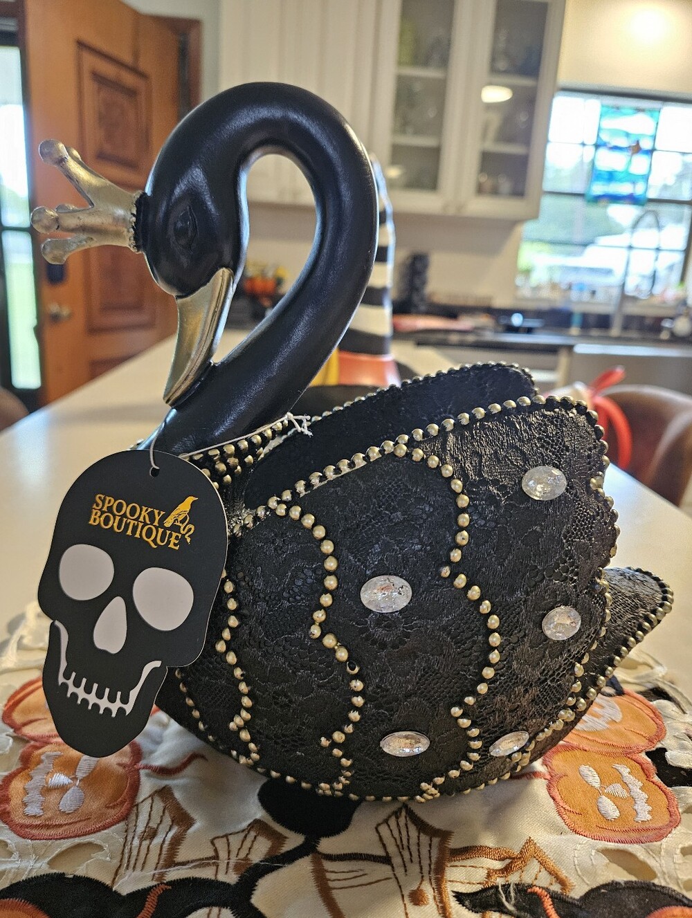NWT Spooky Boutique Gothic Black Swan Figurine Crown Rhinestones Halloween Decor